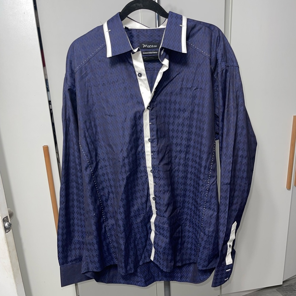 This cute button up shirt for me. Brand new and well maintained.